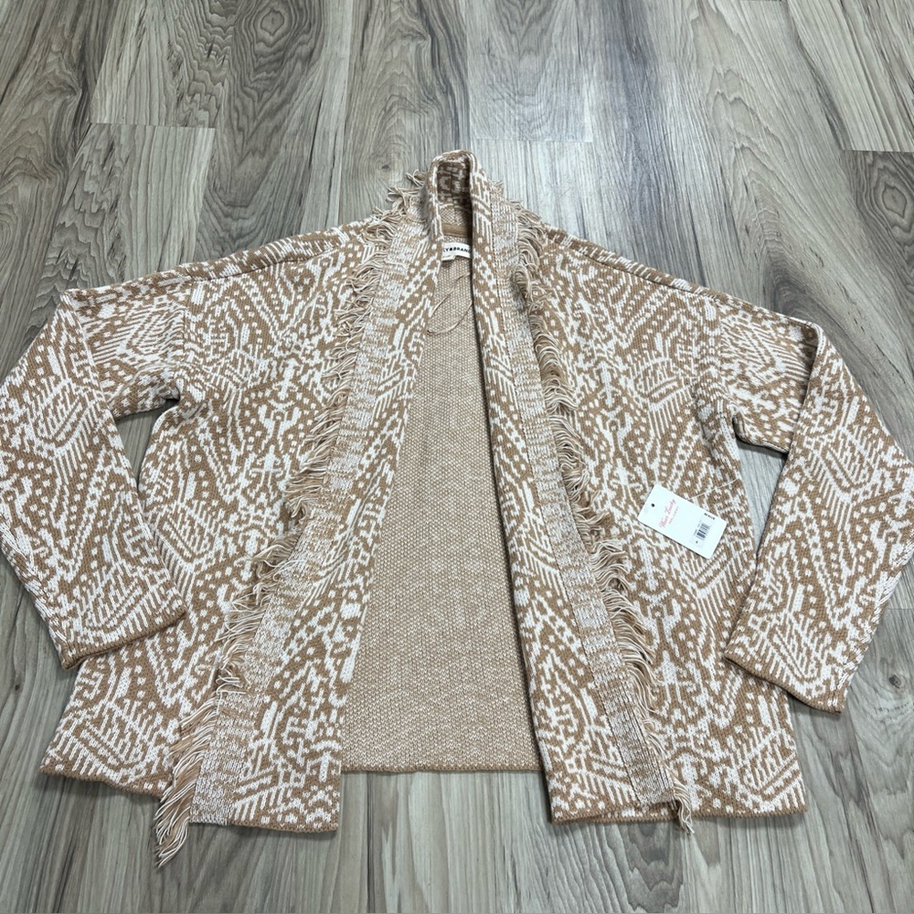 Lucky Brand Open Front Drape Cardigan Fringe Brown Cream Soft Womens Small $120